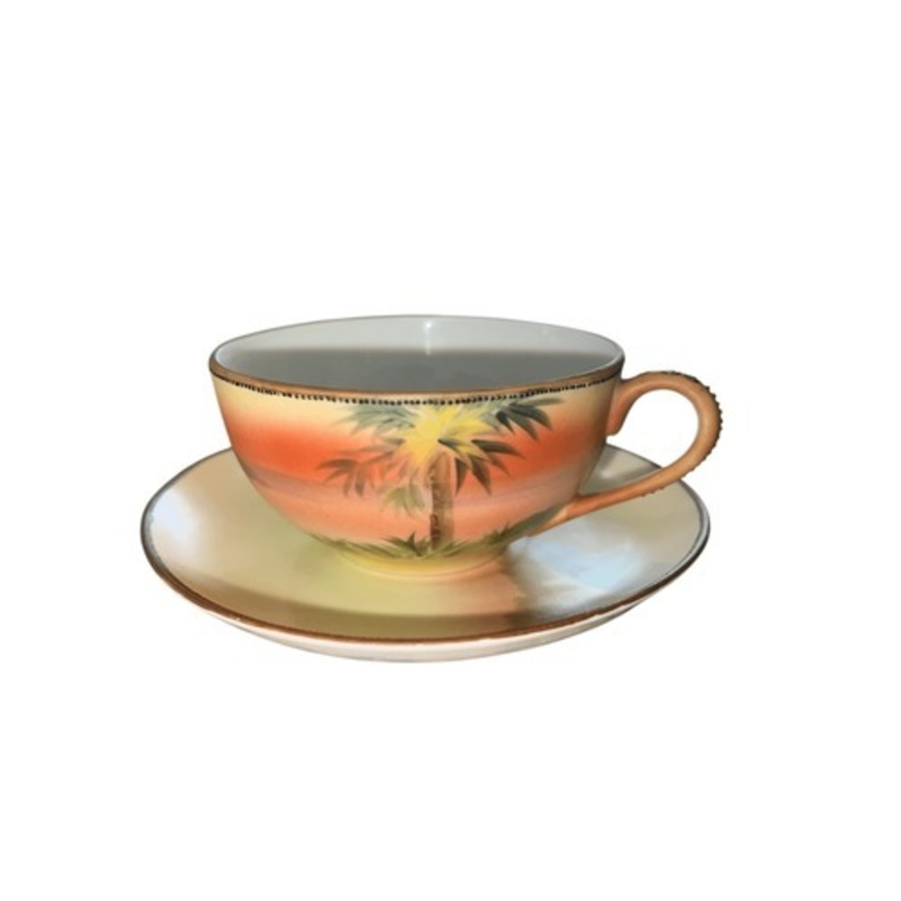 Vintage Nippon Japan Hand Painted Teacup Saucer Palm Tree Sunset Porcelain